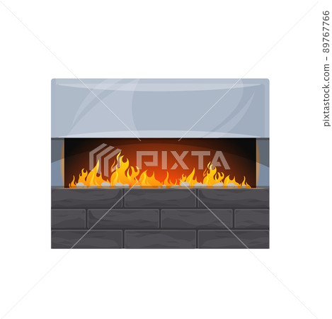 modern interior fireplace. Dwelling contemporary artificial fireplace, house vector stone hearth, home interior isolated element with wide burning fire, brick or concrete wall 89767766