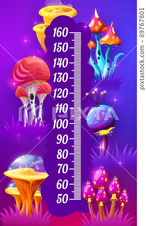 Kids height chart, fantastic cartoon magic mushrooms, growth measure meter. Vector fairy tale world measurement scale for children with fantasy or alien funny fungi plants and grow pediatric ruler 89767801