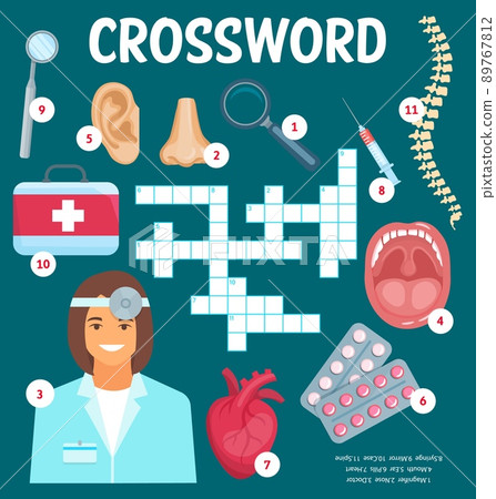 Doctor and otolaryngology medicine crossword vector worksheet. Find a word quiz game, grid puzzle or medical riddle, pills, syringe, doctor, magnifier and mirror, nose, mouth, heart and spine Doctor and otolaryngology medicine crossword vector worksheet. Find a word quiz game, grid puzzle or medical riddle, pills, syringe, doctor, magnifier and mirror, nose, mouth, heart and spine 89767812