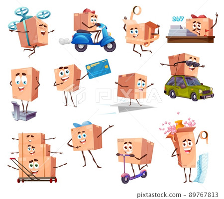 Cartoon packages and cardboard box characters. Shipping and delivery. Vector parcel personages on scooter, drone, car and trolley. Isolated funny pack weighing, cashier worker and wrapping with tape Cartoon packages and cardboard box characters. Shipping and delivery. Vector parcel personages on scooter, drone, car and trolley. Isolated funny pack weighing, cashier worker and wrapping with tape 89767813