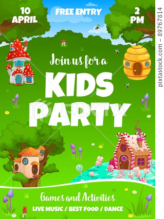 Kids party vector flyer with fairytale mushroom, beehive, caramel and nest dwellings. Cartoon houses and huts in forest, fairy dwarf or elf home shelters in mushroom amanita or gingerbread cookie 89767814
