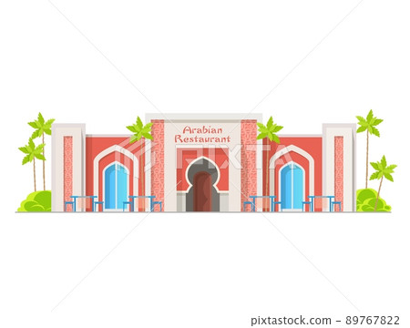 Arabian cuisine restaurant building icon, Eastern Asia food cafe architecture, vector. Middle East Arabic cuisine restaurant, Turkish or Egyptian and Arabian traditional authentic house facade 89767822