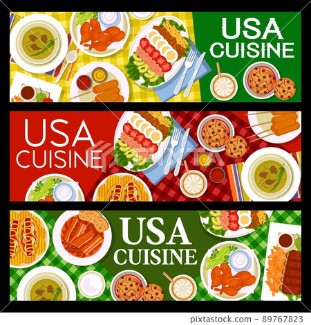 USA cuisine restaurant meals and dishes banners. Grilled ribs, cobb salad and marinated olives with chilli, beans with bacon, corn dogs and cookies with chocolate drops, BBQ chicken, hot dogs vector USA cuisine restaurant meals and dishes banners. Grilled ribs, cobb salad and marinated olives with chilli, beans with bacon, corn dogs and cookies with chocolate drops, BBQ chicken, hot dogs vector 89767823