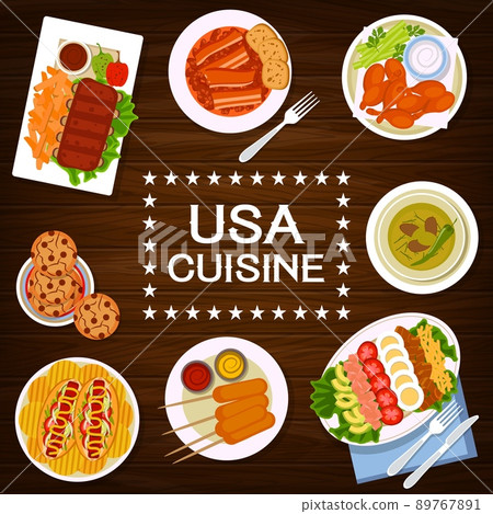 USA cuisine fast food meals, restaurant dishes. Cobb salad, cookies with chocolate drops and corn dogs, BBQ chicken, grilled ribs and hot dogs, marinated olives with chili, beans with bacon vector USA cuisine fast food meals, restaurant dishes. Cobb salad, cookies with chocolate drops and corn dogs, BBQ chicken, grilled ribs and hot dogs, marinated olives with chili, beans with bacon vector 89767891