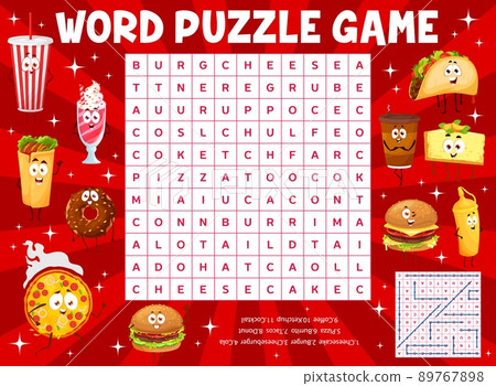 Cartoon takeaway fast food and drinks characters, word search puzzle game, vector worksheet. Kids quiz grid to search and fond words of cheesecake, burger or cheeseburger and pizza, burrito and tacos Cartoon takeaway fast food and drinks characters, word search puzzle game, vector worksheet. Kids quiz grid to search and fond words of cheesecake, burger or cheeseburger and pizza, burrito and tacos 89767898