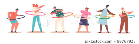 Set of Children Male or Female Characters Exercising with Hula Hoop Rolling on Waist. Summertime Recreation 89767925