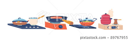 Set of Tableware Stand Hot Gas or Electric Ovens. Frying Pan with Meat, Cezve with Coffee, Ladle with Boiling Water 89767955