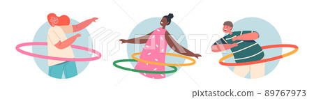 Set of Round Icons Children Characters Fun with Hula Hoop, Boys and Girls Rolling Rings on Waist. Kids Active Sparetime 89767973
