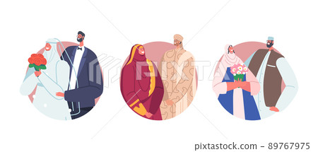 Traditional Muslim Couples Wedding Ceremony Round Icons. Groom and Bride Characters Wear Festive Clothes Traditional Muslim Couples Wedding Ceremony Round Icons. Groom and Bride Characters Wear Festive Clothes 89767975