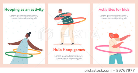 Hooping Activity Banners, Children Characters Exercising with Hula Hoop Rolling on Waist. Summertime Recreation Hooping Activity Banners, Children Characters Exercising with Hula Hoop Rolling on Waist. Summertime Recreation 89767977
