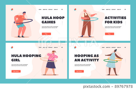 Children Exercising with Hula Hoop Landing Page Template Set. Male or Female Kid Characters Recreation, Outdoor Activity Children Exercising with Hula Hoop Landing Page Template Set. Male or Female Kid Characters Recreation, Outdoor Activity 89767978
