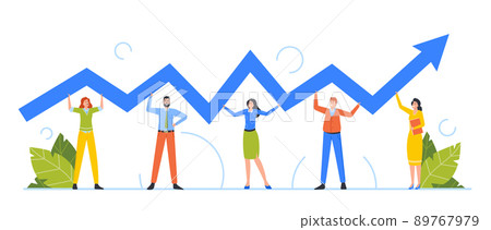 Business Team Characters Holding Up Zig-zag Arrow Symbol. Teamwork, Financial Success or Crisis, Investment Concept 89767979