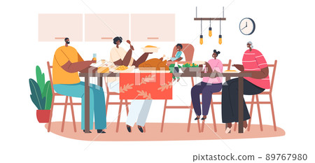 Happy Modern African Family Characters Mother, Father, Granny and Little Kids Having Dinner Around Table with Food 89767980