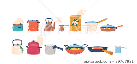 Set of Tableware, Hot Saucepans with Soup or Boiling Water, Kettle or Pot with Tea, Steaming Cook Pans, Frying Pan Set of Tableware, Hot Saucepans with Soup or Boiling Water, Kettle or Pot with Tea, Steaming Cook Pans, Frying Pan 89767981