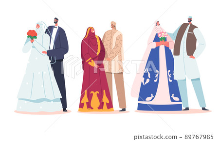 Set Muslim Couples Wedding Ceremony, Traditional Groom and Bride Characters Wear Festive Clothes, Newlywed Marriage 89767985