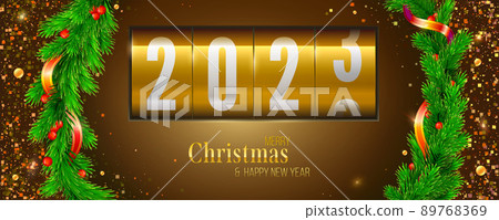 Golden countdown clock with numbers 2023. New year 89768369