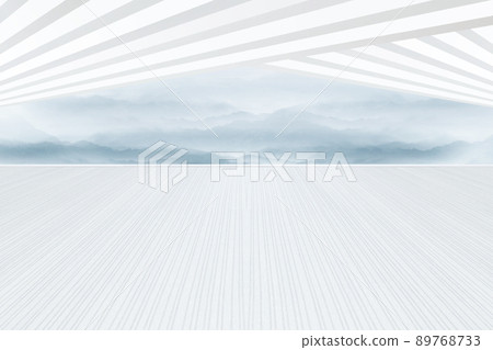 縱向延伸木板廣場水墨山川形成建築空間背景 89768733