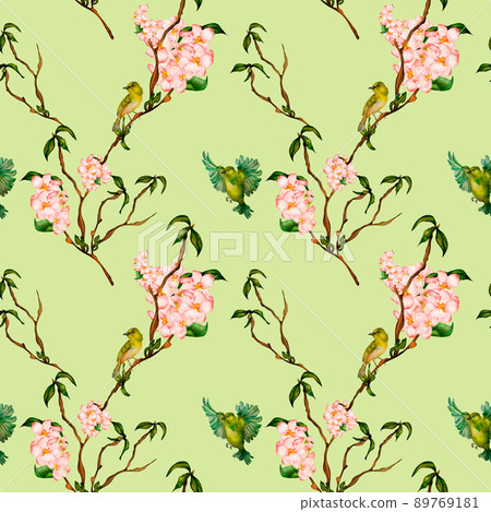 Birds on branch, blossom cherry tree seamless floral pattern 89769181