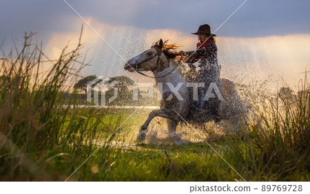 Cowboys riding horses beside the river and lifestyle with natural light background. Cowboys riding horses beside the river and lifestyle with natural light background. 89769728