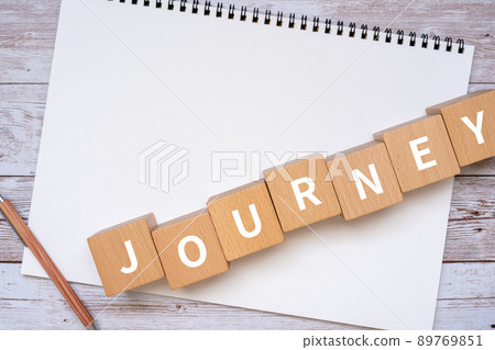 Travel / Travel image | Building blocks, notebooks, pens with "JOURNEY" written on them 89769851