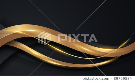 Abstract elegant 3D golden wave lines shapes on black background luxury style with lighting effect Abstract elegant 3D golden wave lines shapes on black background luxury style with lighting effect 89769884