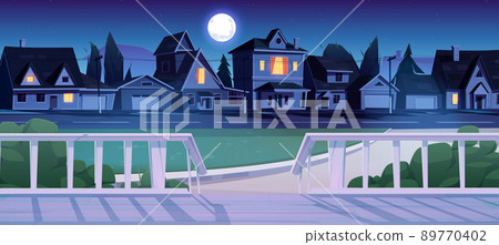 Wooden porch of house in suburb district at night Wooden porch of house in suburb district at night 89770402