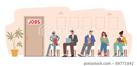 Robots and Human Applicants Characters Wait in Queue for Hiring Interview at Office Hall. Hr, Cyborg VS People Workers Robots and Human Applicants Characters Wait in Queue for Hiring Interview at Office Hall. Hr, Cyborg VS People Workers 89771842