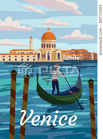 Venice Italia Poster retro style. Grand Canal, gondolier, architecture, vintage card. Vector illustration postcard 89772003