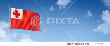 Tonga flag isolated on a blue sky. Horizontal banner 89773496