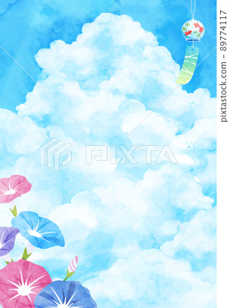 Summer vector illustration of morning glory, cumulonimbus and wind chimes watercolor background Summer vector illustration of morning glory, cumulonimbus and wind chimes watercolor background 89774117