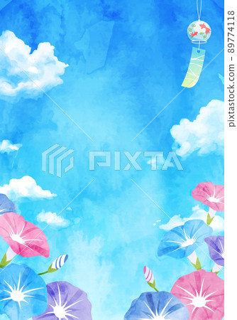 Summer vector illustration of morning glory, cumulonimbus and wind chimes watercolor background 89774118