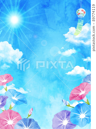 牽牛花、積雨雲和風鈴水彩背景的夏季矢量圖解 牽牛花、積雨雲和風鈴水彩背景的夏季矢量圖解 89774119