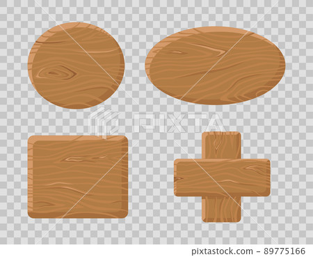 Wooden buttons different shapes set on transparent isolated background. Cartoon vector gui elements. Wood tablet frame.  89775166