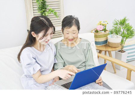 Grandmother and grandson laptop living room Grandmother and grandson laptop living room 89776245