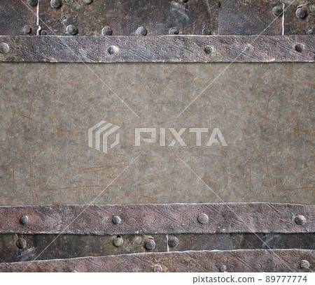 Grunge background in steampunk style. Texture of old metal with rivets and rusty frame Grunge background in steampunk style. Texture of old metal with rivets and rusty frame 89777774