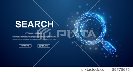 Magnifying glass 3d low poly symbol with connected dots for blue landing page. Search tool design illustration concept. Polygonal Loupe illustration 89778675