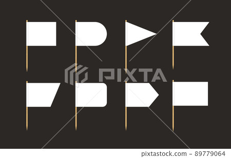 Toothpick flags. Blank flag on wooden stick. Wood toothpick with white paper banner for food and cocktail decoration. Different forms of pennant. Realistic 3d vector isolated on black background Toothpick flags. Blank flag on wooden stick. Wood toothpick with white paper banner for food and cocktail decoration. Different forms of pennant. Realistic 3d vector isolated on black background 89779064