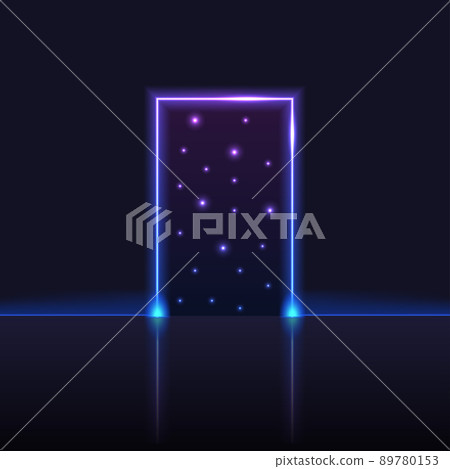 Neon gate or portal to galaxy space. Purple and blue frame with glowing light, laser beams, star sky in neon door opening. Magic fantasy or techno cosmic vector illustration Neon gate or portal to galaxy space. Purple and blue frame with glowing light, laser beams, star sky in neon door opening. Magic fantasy or techno cosmic vector illustration 89780153