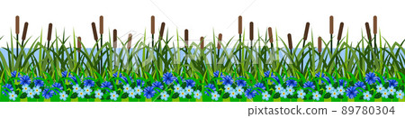 Grass reeds, riversidegrassland landscape, blue flowers. Seamless repeat pattern, green summer lawn, coastline of pond or lake. Isolated on white background. Vector illustration. Grass reeds, riversidegrassland landscape, blue flowers. Seamless repeat pattern, green summer lawn, coastline of pond or lake. Isolated on white background. Vector illustration. 89780304