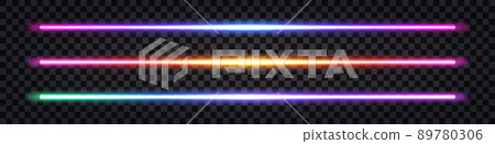 Laser neon glowing sticks, gradient rainbow light effect.  Laser iridescent beams, fluorescent electric shine lines, luminous stripes. Design element isolated, vector illustration 89780306