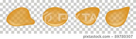 Honey drops, maple syrup melted  drip.  Liquid splash. Sweet dessert; fruit orange juice; caramel; leaking sauce. Isolated on transparent background. Vector illustration 89780307