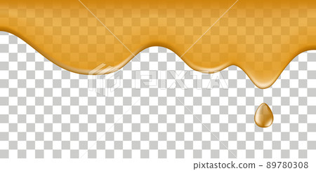 Maple syrup, honey drip spill, flowing liquid melted texture. Sweet dessert; fruit orange juice; caramel; leaking sauce. Isolated on transparent background. Vector illustration 89780308