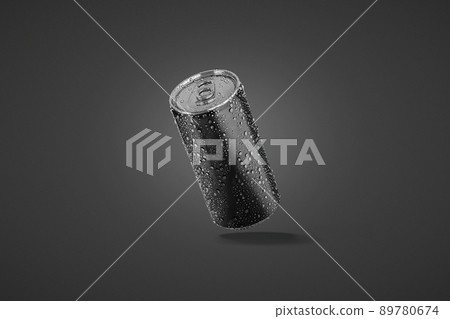 Blank black aluminum narrow 280 ml soda can with drops mockup 89780674