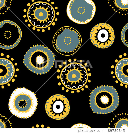 Seamless pattern with geometric aboriginal ornament. Ethnic tribal rounded color background. Afican, australian motiph. Dots painting. Vector illustration, template design for cloth, card, fabric 89780845