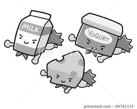 Dairy product illustration set (hero style character) black and white Dairy product illustration set (hero style character) black and white 89781135
