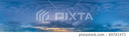 360 panorama of dark blue sunset sky with Cirrocumulus clouds Seamless hdr spherical equirectangular format with complete zenith for use in 3D, game and for composites in aerial drone pano as sky dome 360 panorama of dark blue sunset sky with Cirrocumulus clouds Seamless hdr spherical equirectangular format with complete zenith for use in 3D, game and for composites in aerial drone pano as sky dome 89781471