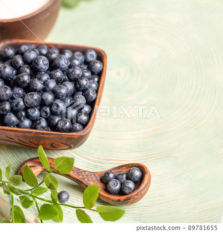 Wild forest blueberries in brown ceramic dishware on green natural wooden backdrop. Blueberry are natural healthy food, superfood, rich in vitamins, useful for eyes. Copy space. Square shot. Wild forest blueberries in brown ceramic dishware on green natural wooden backdrop. Blueberry are natural healthy food, superfood, rich in vitamins, useful for eyes. Copy space. Square shot. 89781655
