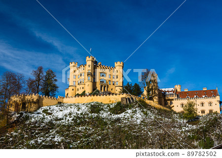 Hohenschwangau Castle on a snowy hill in Germany 89782502