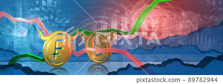 bullish chf stopped by bearish btc. foreign exchange market 3d illustration of swiss franc to digital bitcoin. currency represented as golden coins 89782944
