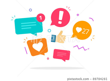Social media market concept icon vector for digital strategy element design with chat messages, like speech bubbles notices and sms comment graphic flat cartoon illustration on white image 89784281